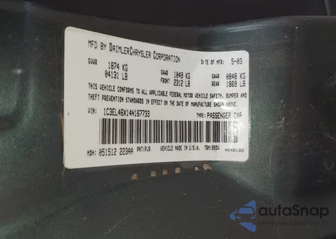 2004 Chrysler Sebring Lx z USA, uszkodzony, nr VIN 1C3EL46X14N167733